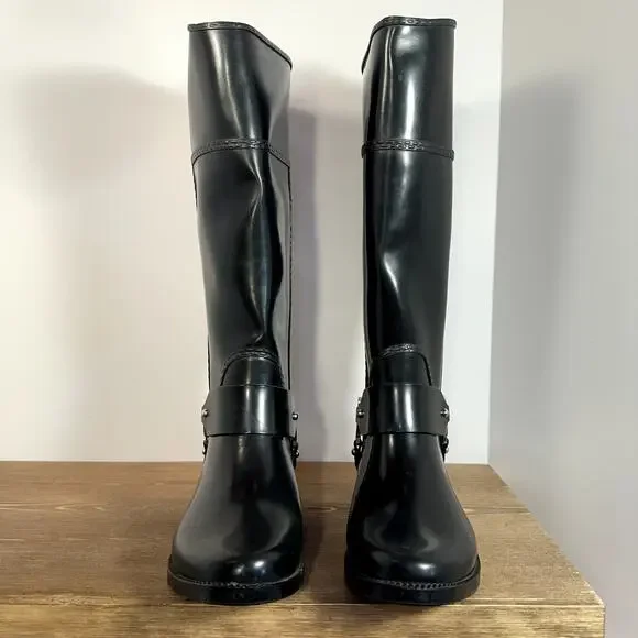 Michael Kors Fulton Harness Rain Boots Womens 6 Waterproof Logo Glossy Classic - Picture 4 of 11
